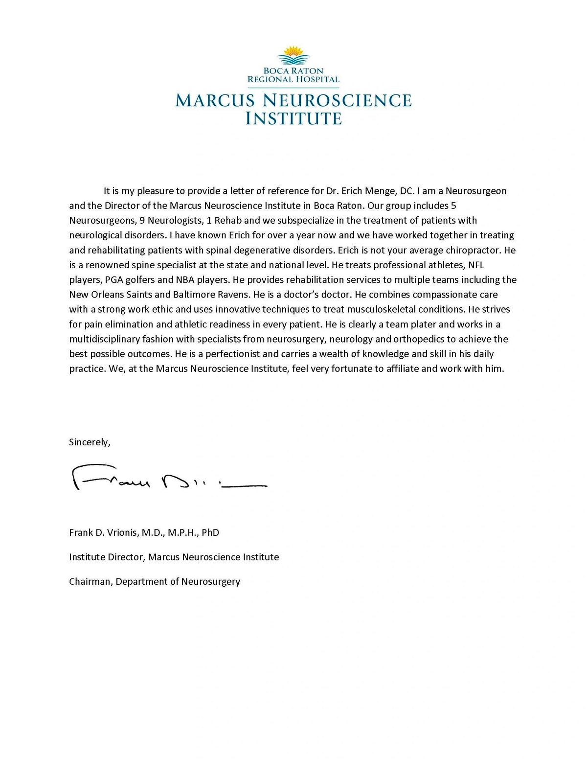 Scanned letter of reference for Dr. Erich Menge from the Marcus Neuroscience Institute.