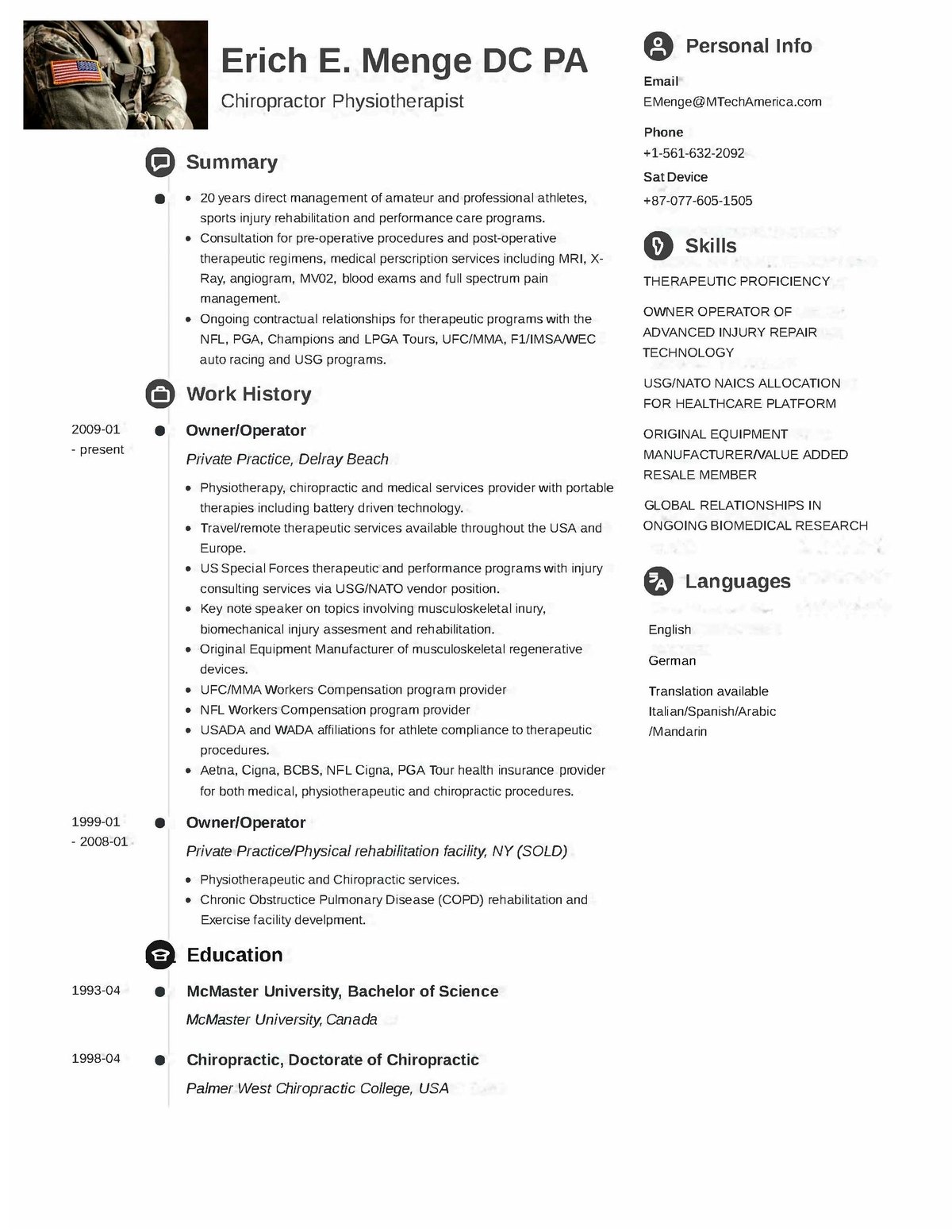 First page of the curriculum vitae of Dr. Erich Menge, DC, dated 2025.