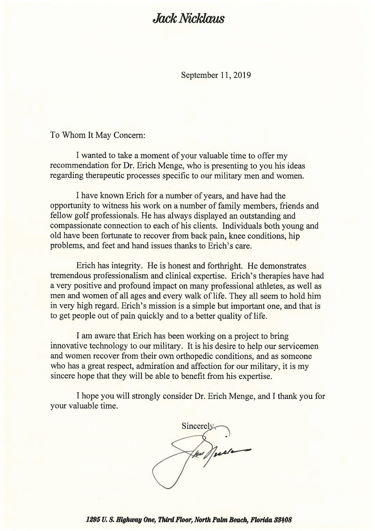 Scanned letter of recommendation for Dr. Erich Menge, dated September 11, 2019.